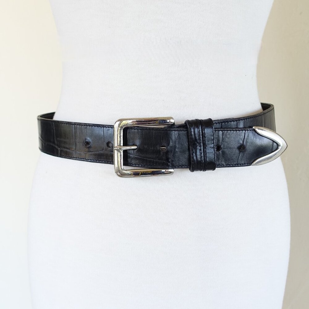 Henri Bendel M/36 Polished Croc-Embossed Belt 1-3/8" Wide Silver Buckle Vintage